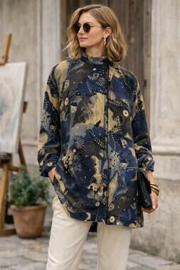 VTG 90s Laurèl Escada Italian Wool Graphic Tunic Jacket — 36 Lagenlook Eccentric